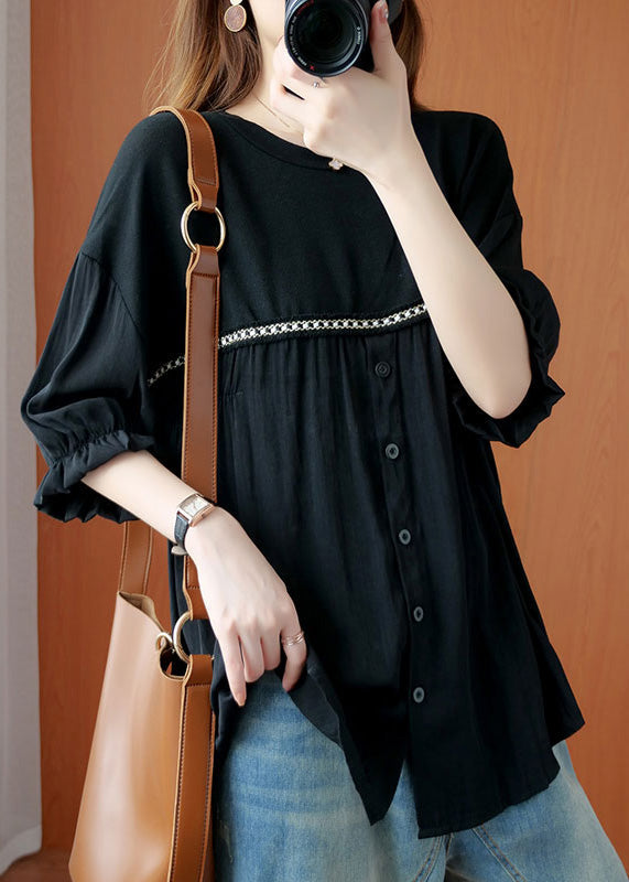 Modern Black Patchwork Button Chiffon T Shirt Summer