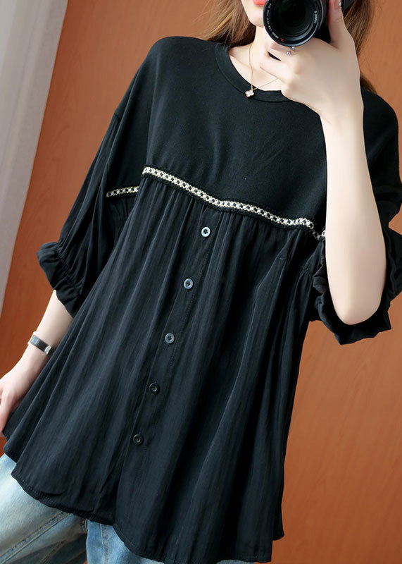 Modern Black Patchwork Button Chiffon T Shirt Summer