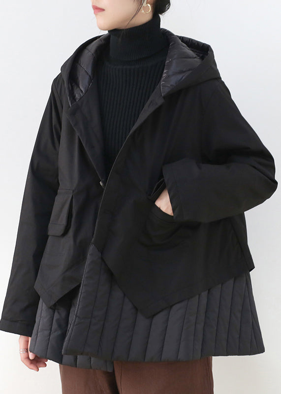 Modern Black Patchwork Button Pockets Thick Hooded Parka Long Sleeve