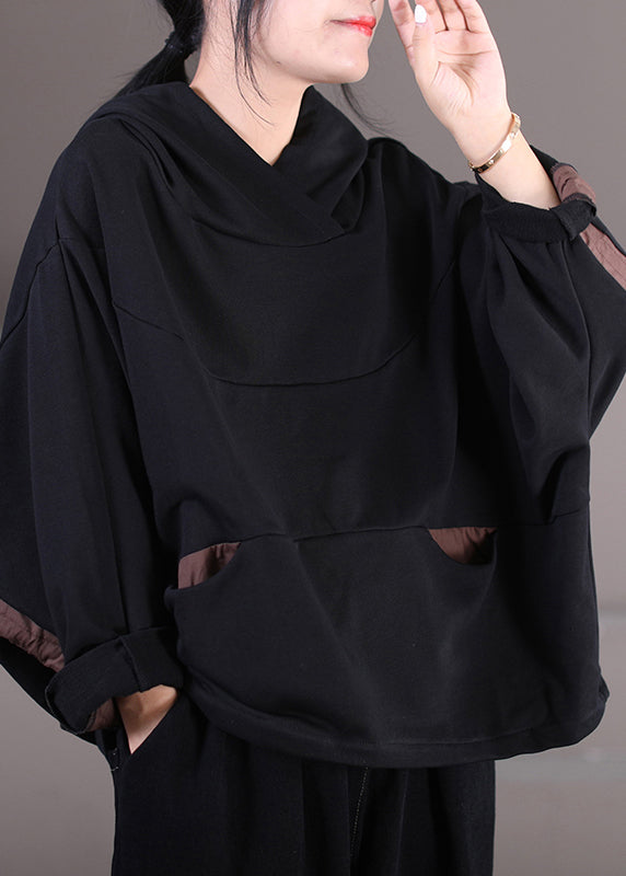 Modern Black Patchwork Drawstring Cotton Hooded Coat Long Sleeve