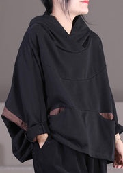 Modern Black Patchwork Drawstring Cotton Hooded Coat Long Sleeve