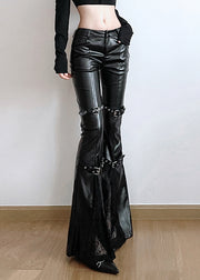 Modern Black Patchwork Lace Faux Leather Flare Bottoms Spring