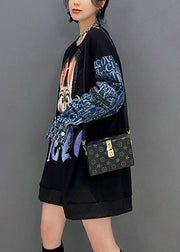 Modern Black Patchwork Rabbit Print Cotton Sweatshirt Streetwear Fall