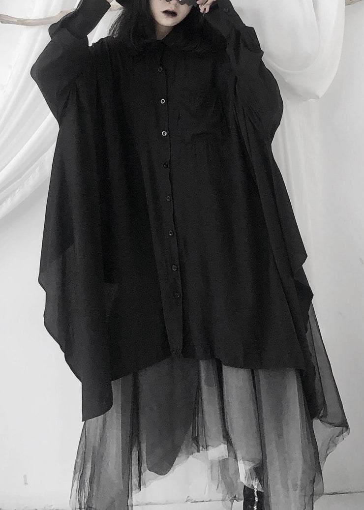 Modern Black Peter Pan Collar Asymmetrical Button Maxi Shirts Long Sleeve