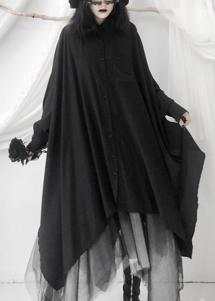 Modern Black Peter Pan Collar Asymmetrical Button Maxi Shirts Long Sleeve