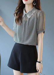 Modern Black Peter Pan Collar Lace Patchwork Plaid Chiffon Top Summer