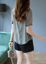 Modern Black Peter Pan Collar Lace Patchwork Plaid Chiffon Top Summer