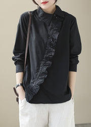 Modern Black Peter Pan Collar Patchwork Cotton Top Spring