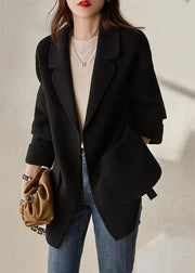 Modern Black Peter Pan Collar Pockets Woolen Trench Fall