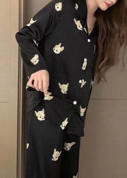 Modern Black Peter Pan Collar Print Ice Silk 2 Piece Outfit Pajamas Spring