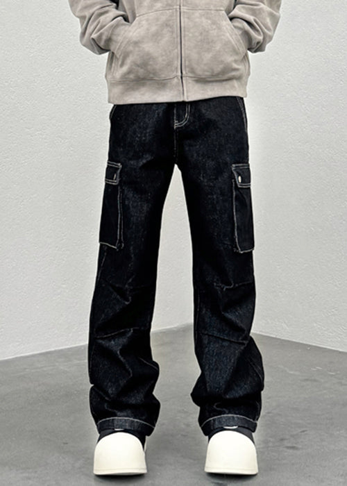 Modern Black Pockets High Waist Denim Men Pants Spring