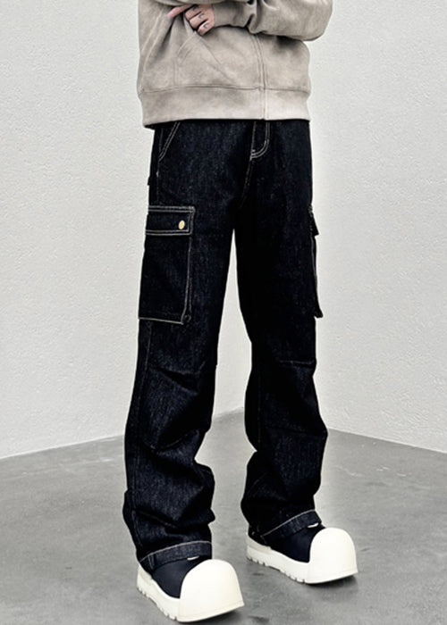 Modern Black Pockets High Waist Denim Men Pants Spring