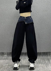 Modern Black Pockets Patchwork Denim Straight Pants Fall