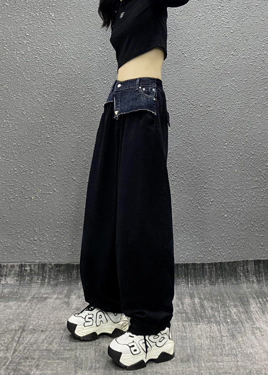 Modern Black Pockets Patchwork Denim Straight Pants Fall