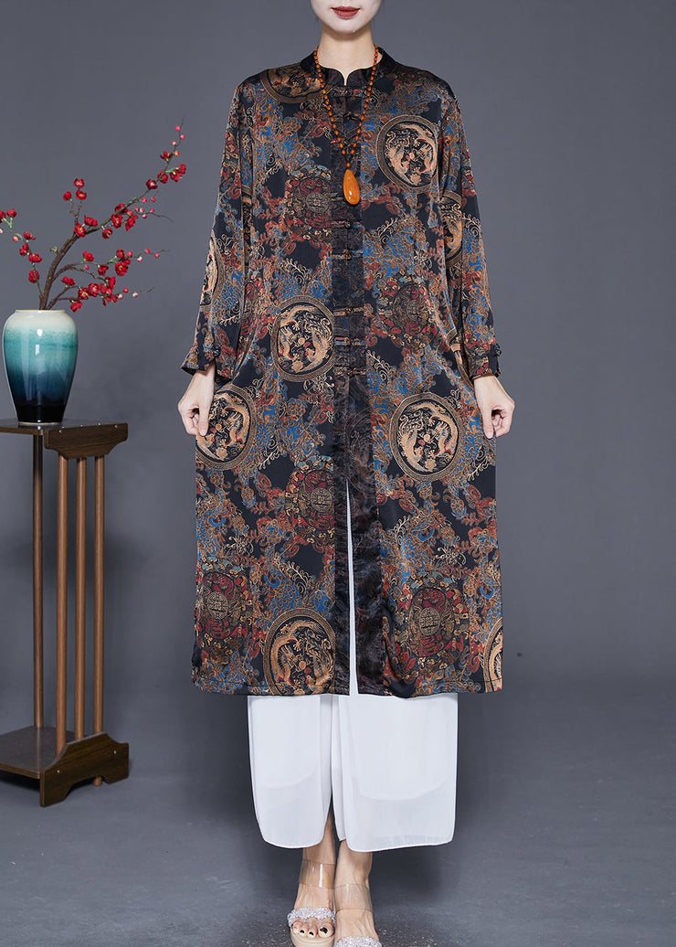 Modern Black Print Chinese Button Silk Coat Outwear Fall