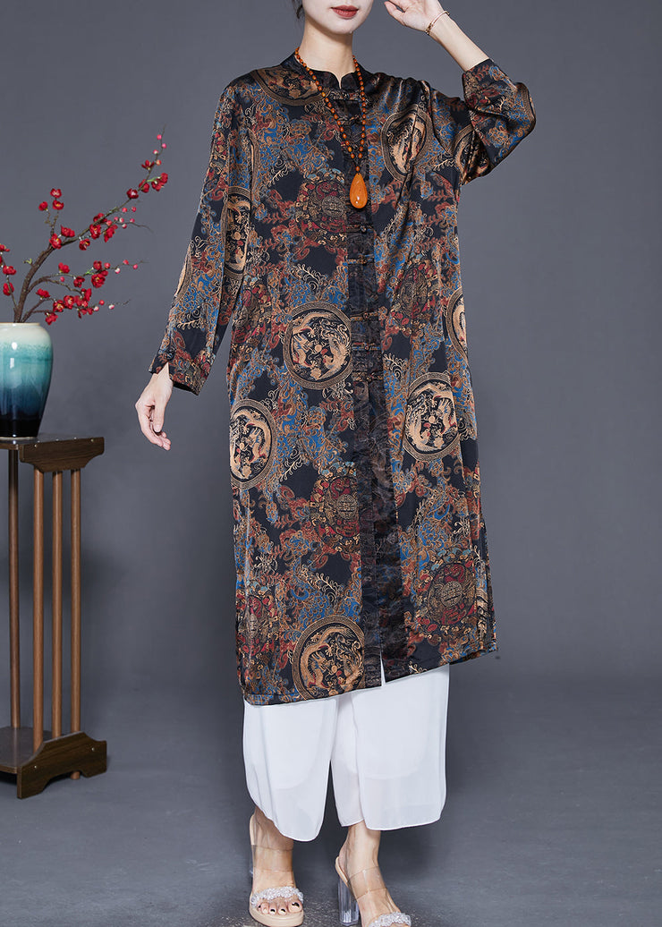 Modern Black Print Chinese Button Silk Coat Outwear Fall