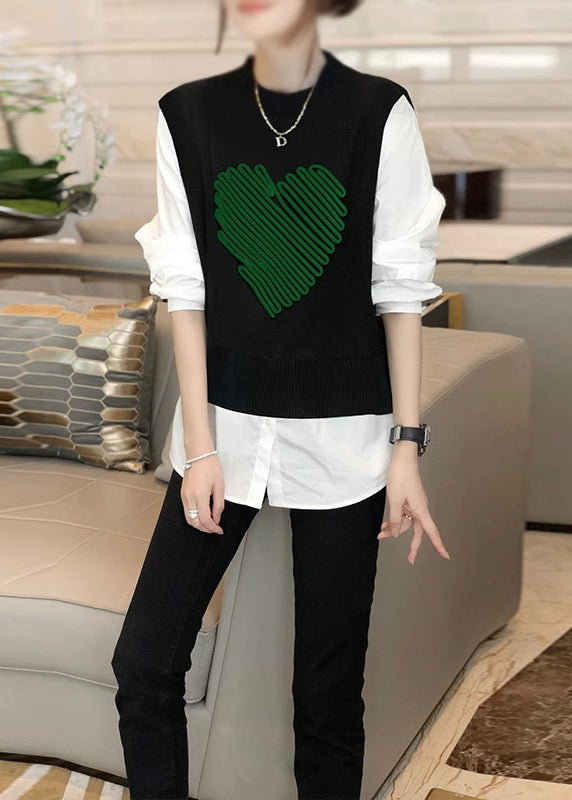 Modern Black Print O Neck Patchwork False Two Pieces Knit Blouses Fall