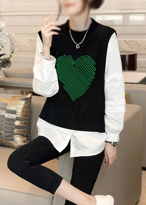 Modern Black Print O Neck Patchwork False Two Pieces Knit Blouses Fall