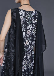 Modern Black Print Patchwork Cloak Chiffon Dress Summer