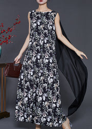 Modern Black Print Patchwork Shawl Chiffon Long Dress Sleeveless