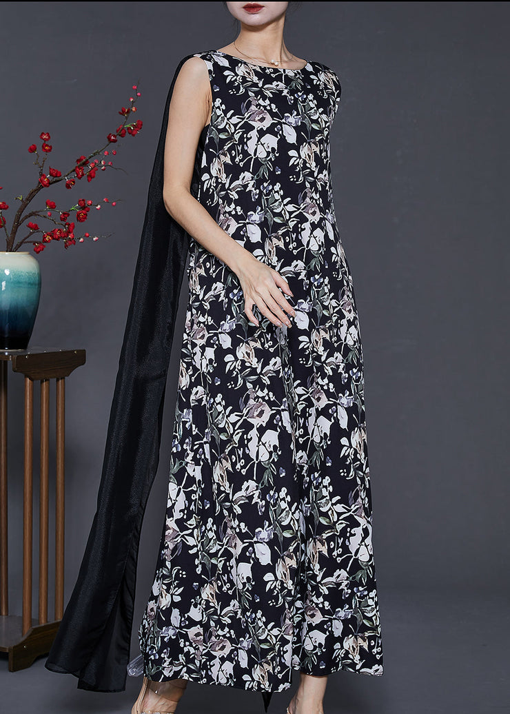 Modern Black Print Patchwork Shawl Chiffon Long Dress Sleeveless