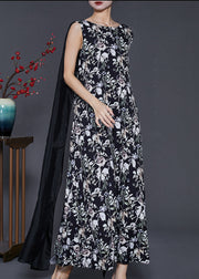 Modern Black Print Patchwork Shawl Chiffon Long Dress Sleeveless