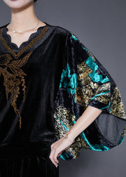 Modern Black Print Zircon Silk Velour Two Pieces Set Batwing Sleeve