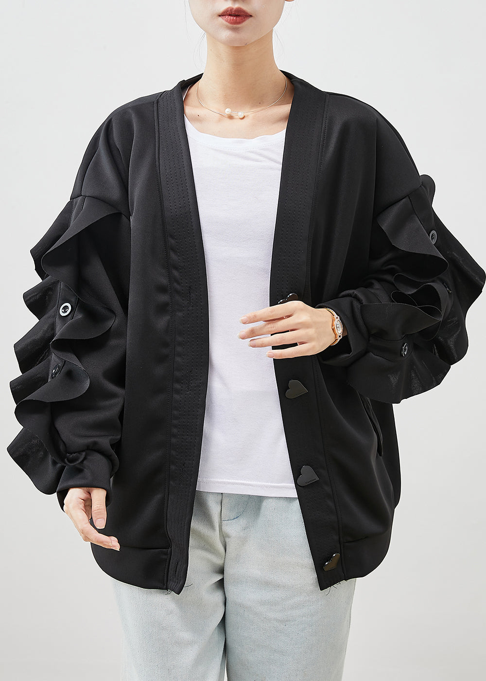 Austin Ruffle Jacket Modern Black Ruffled Patchwork Cotton Jackets Spring – SooLinen