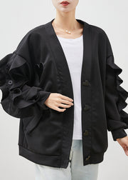 Modern Black Ruffled Patchwork Cotton Jackets Spring