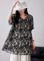 Modern Black Ruffled Print Chiffon Shirt Tops Summer