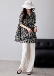 Modern Black Ruffled Print Chiffon Shirt Tops Summer