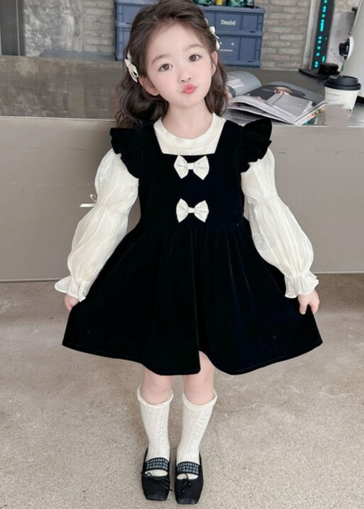 Modern Black Square Collar Ruffled Patchwork Kids Silk Velour Mid Dress And Shirts Two Pieces Set Fall