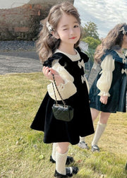 Modern Black Square Collar Ruffled Patchwork Kids Silk Velour Mid Dress And Shirts Two Pieces Set Fall