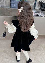 Modern Black Square Collar Ruffled Patchwork Kids Silk Velour Mid Dress And Shirts Two Pieces Set Fall