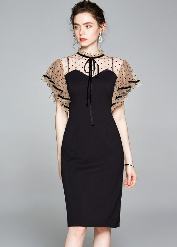 Modern Black Stand Collar Patchwork Tulle Dresses Petal Sleeve