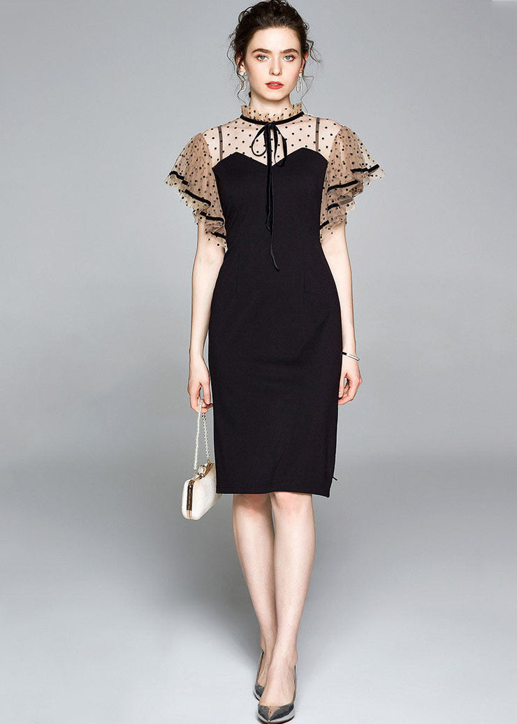 Modern Black Stand Collar Patchwork Tulle Dresses Petal Sleeve