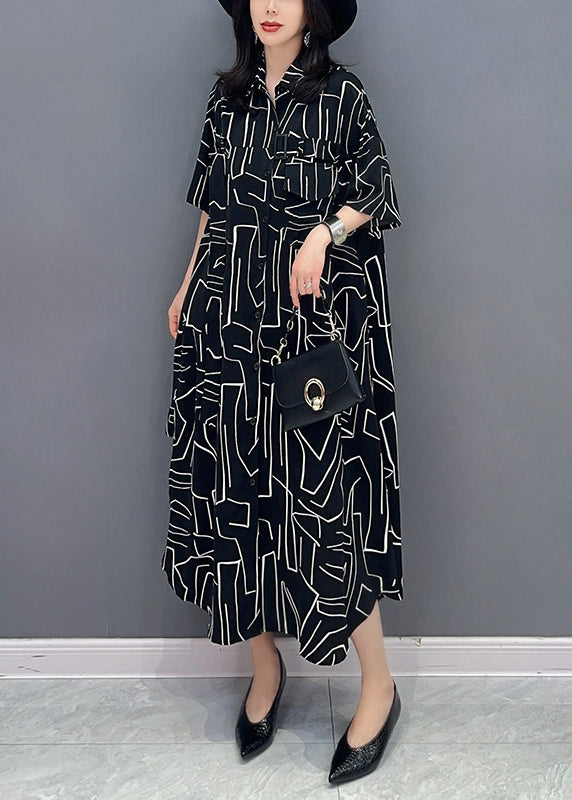 Modern Black Striped Button Long Shirts Dress Spring