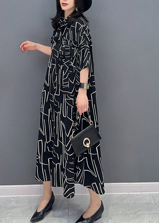 Modern Black Striped Button Long Shirts Dress Spring