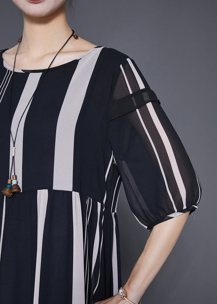 Modern Black Striped Patchwork Chiffon Maxi Dresses Half Sleeve