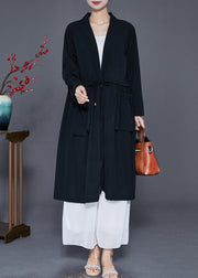 Modern Black Tie Waist Pockets Cotton Trench Coat Fall