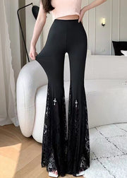 Modern Black Tummy Control Patchwork Lace Flared Trousers Spring