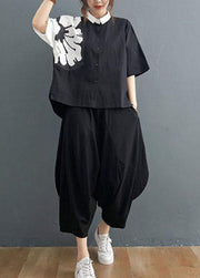 Modern Black Turn-down Collar Summer Cotton Linen Two Pieces Set