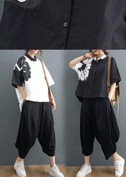 Modern Black Turn-down Collar Summer Cotton Linen Two Pieces Set