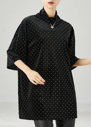 Modern Black Turtle Neck Dot Silk Velour Mid Dress Half Sleeve