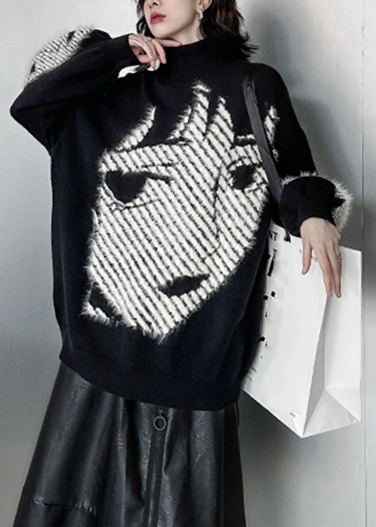 Modern Black Turtleneck Cartoon Print Thick Knit Sweater Winter