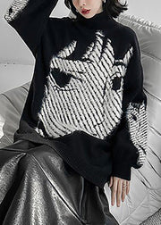 Modern Black Turtleneck Cartoon Print Thick Knit Sweater Winter