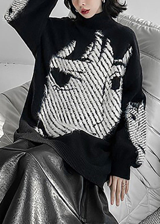 Modern Black Turtleneck Cartoon Print Thick Knit Sweater Winter