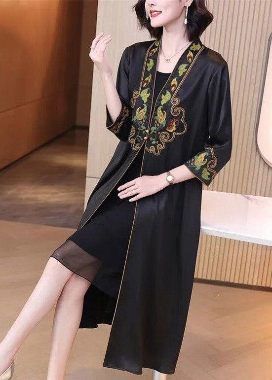 Modern Black V Neck Embroideried Floral Button Trench Coat Long Sleeve