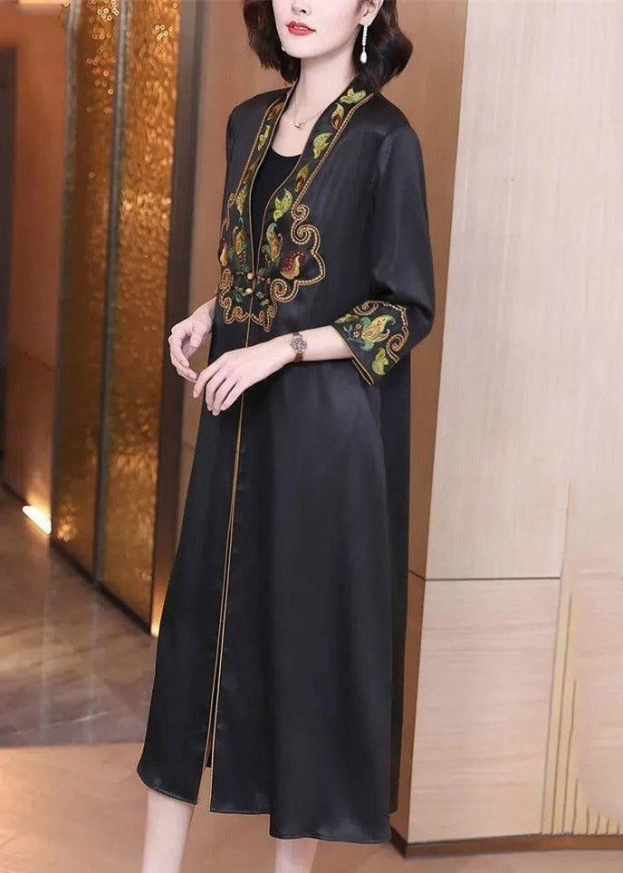 Modern Black V Neck Embroideried Floral Button Trench Coat Long Sleeve