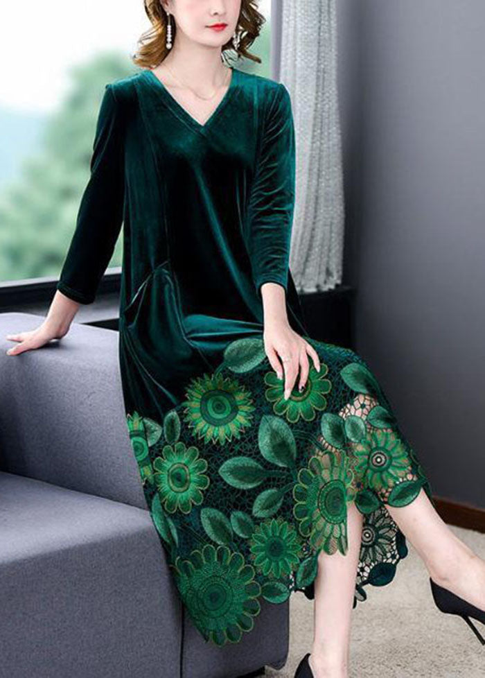 Modern Black V Neck Floral Patchwork Hollow Out Silk Velour Dress Spring